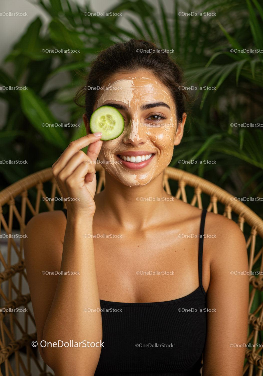 Smiling Woman with Cucumber Facial Mask and Green Plants in Background