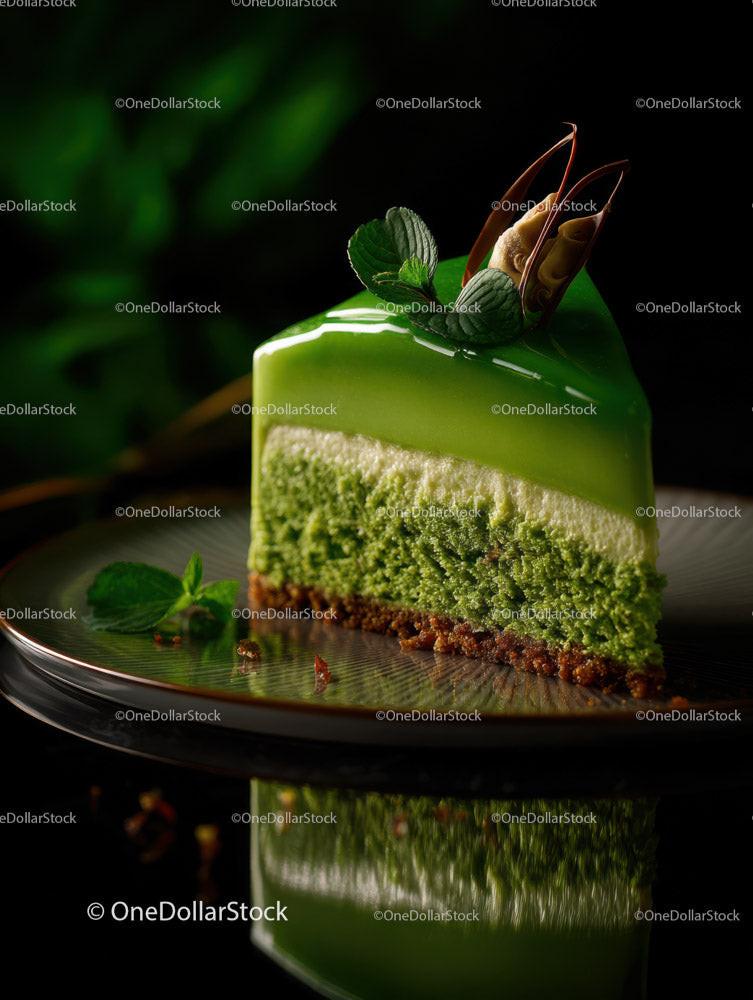 Green Matcha Cake with Chocolate Base and Artistic Garnish Stock Photo Bundle creative preview 4