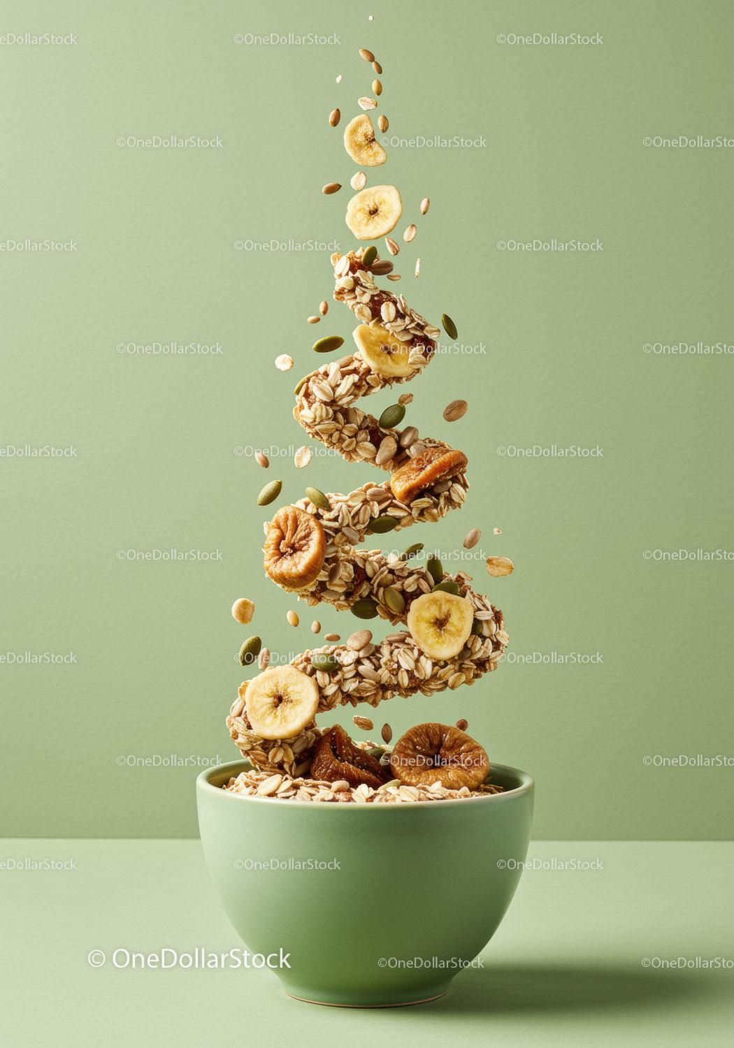 Spiral of healthy granola with dried fruit in green bowl