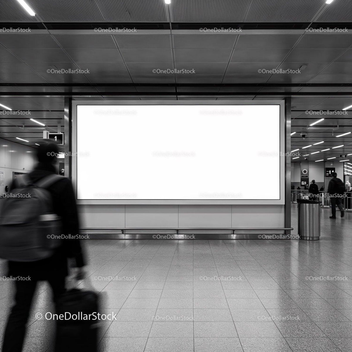 Traveler walking past blank advertising billboard in subway station JPG Mockup Image preview