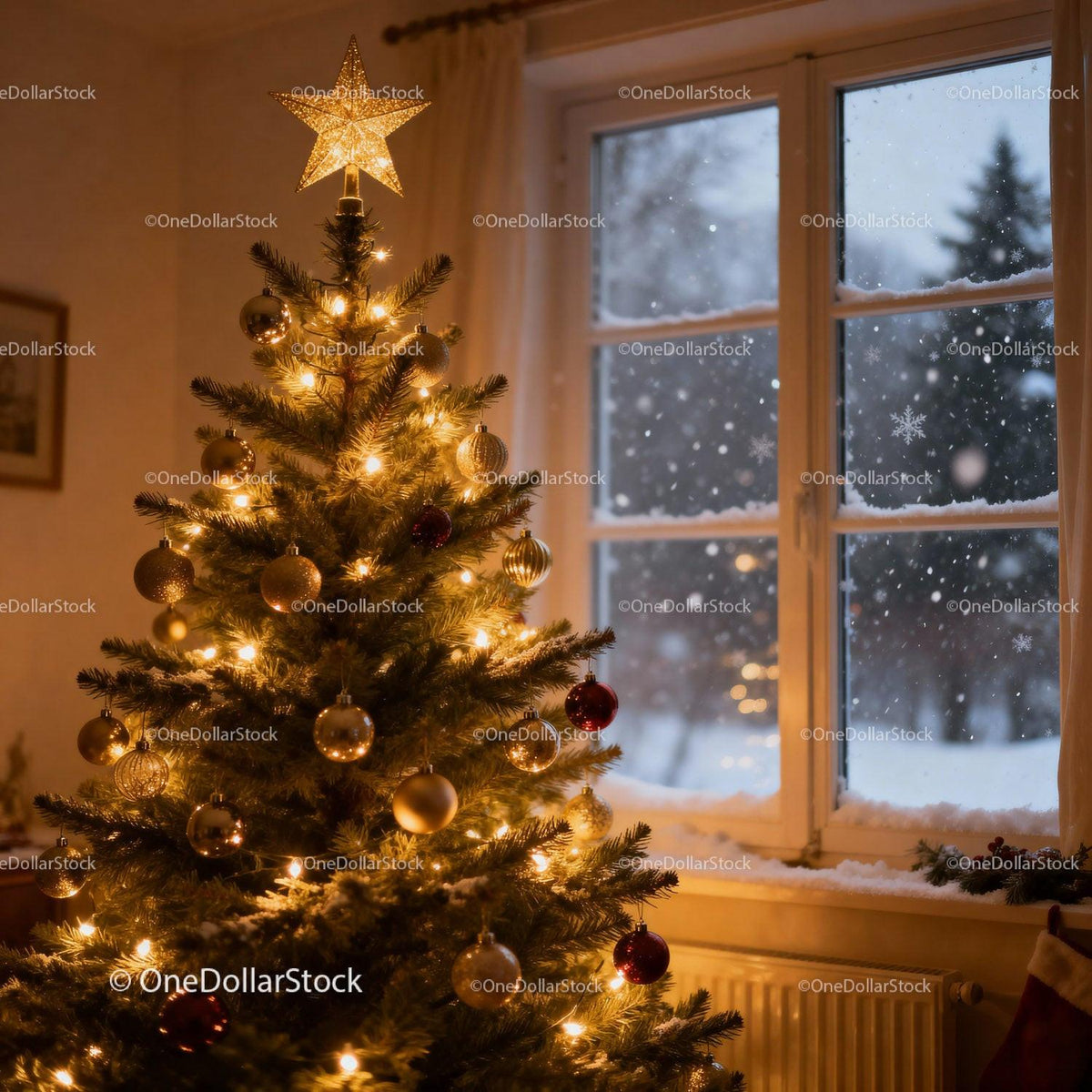 Cozy Christmas tree glowing near snowy window