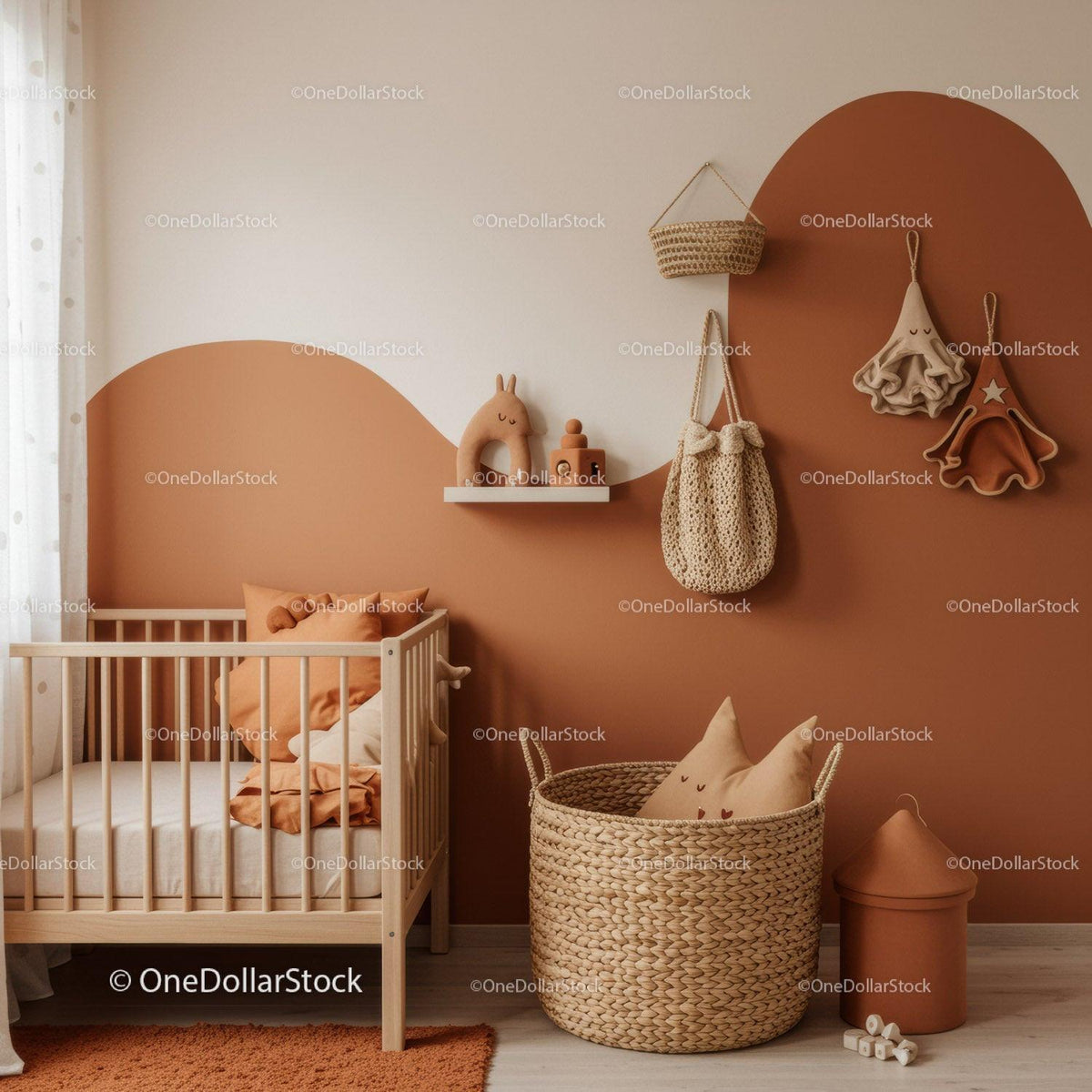 Minimalist Baby Nursery with Pink Wall and Wicker Baskets