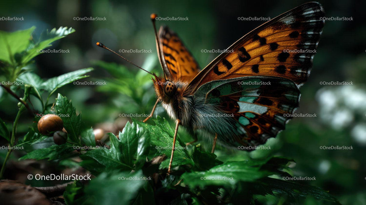Close-up of Orange and Black Butterfly on Green Foliage