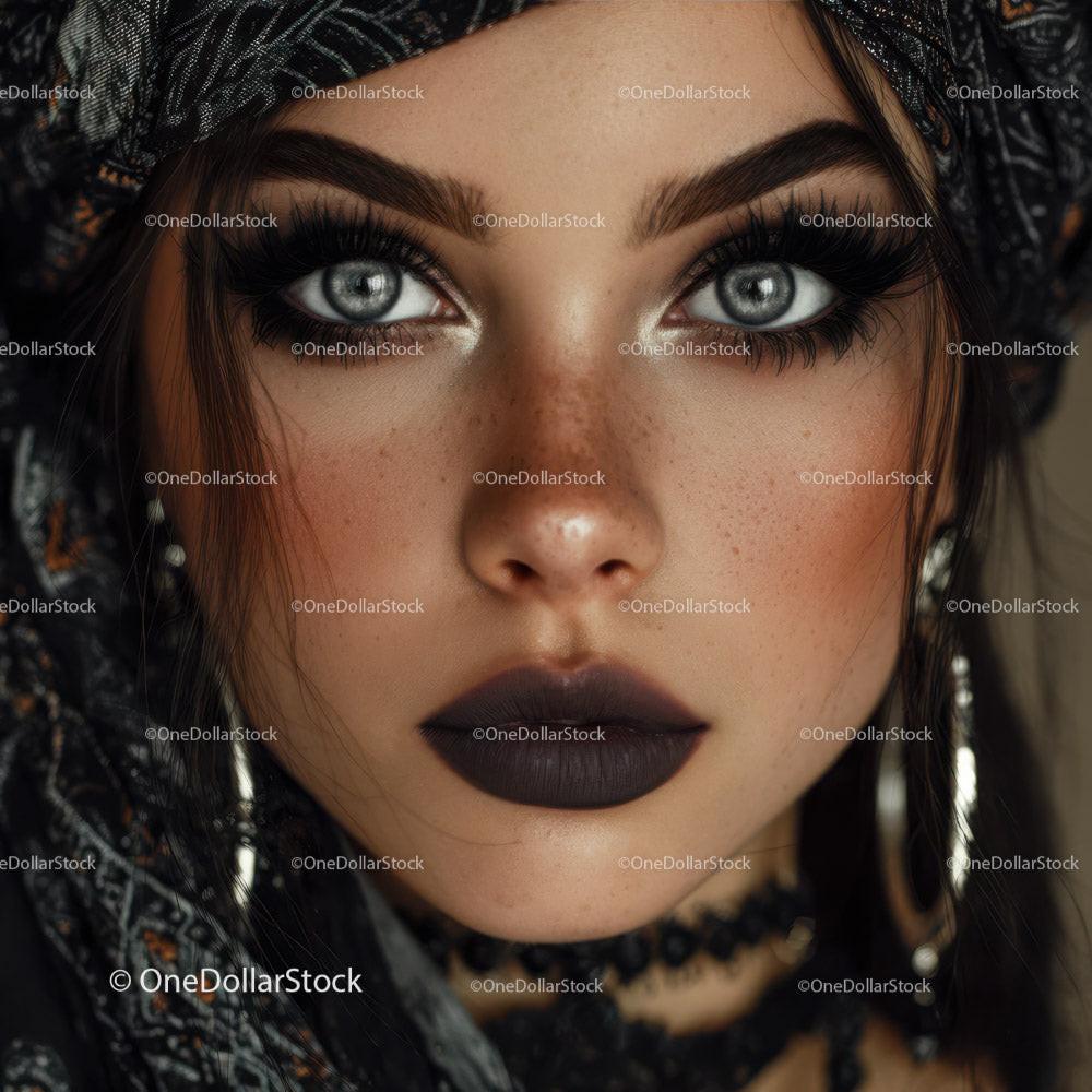 Elegant Woman with Dark Makeup and Blue Eyes in a Fashion Portrait