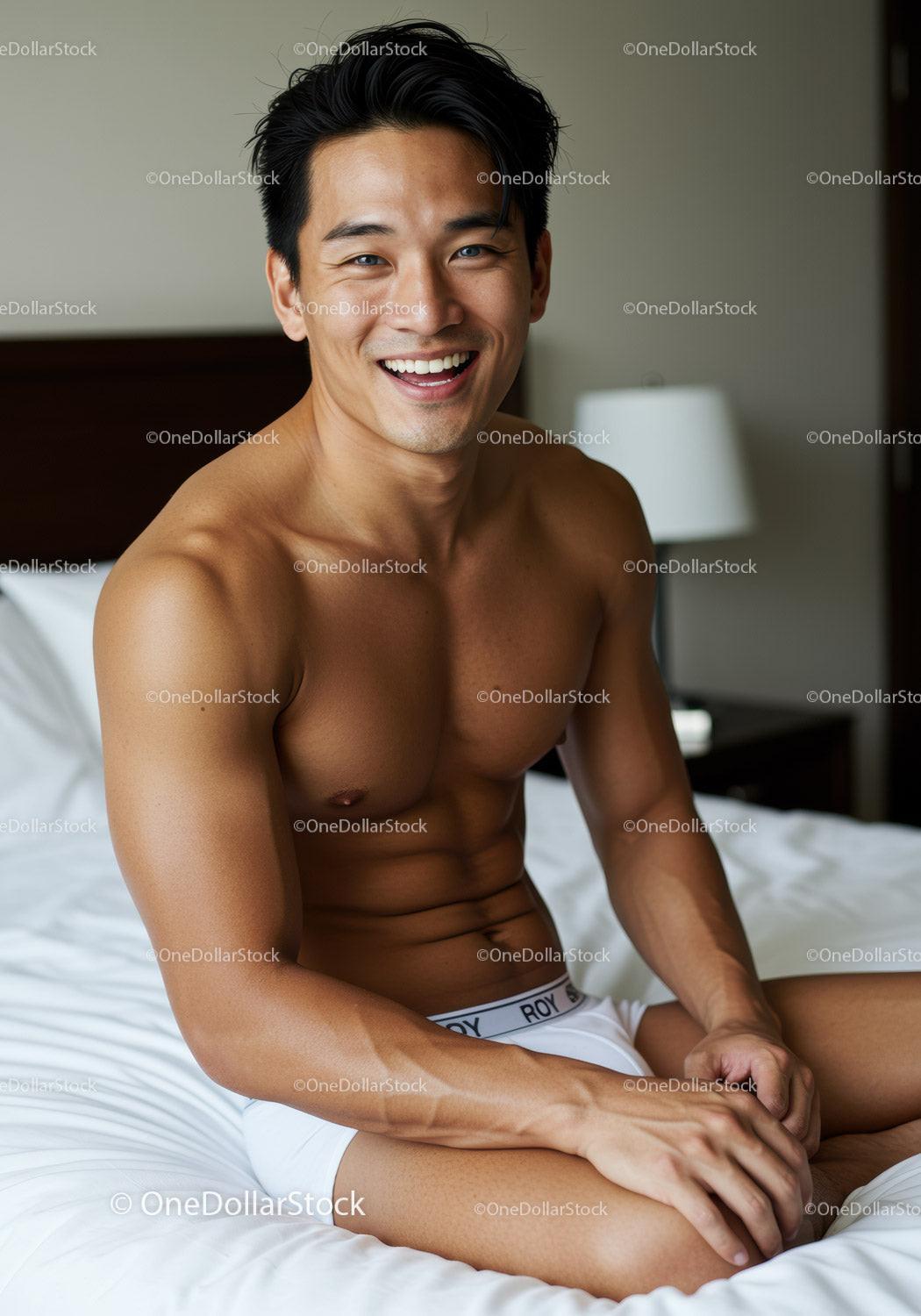 Smiling shirtless man relaxing on white bed indoors