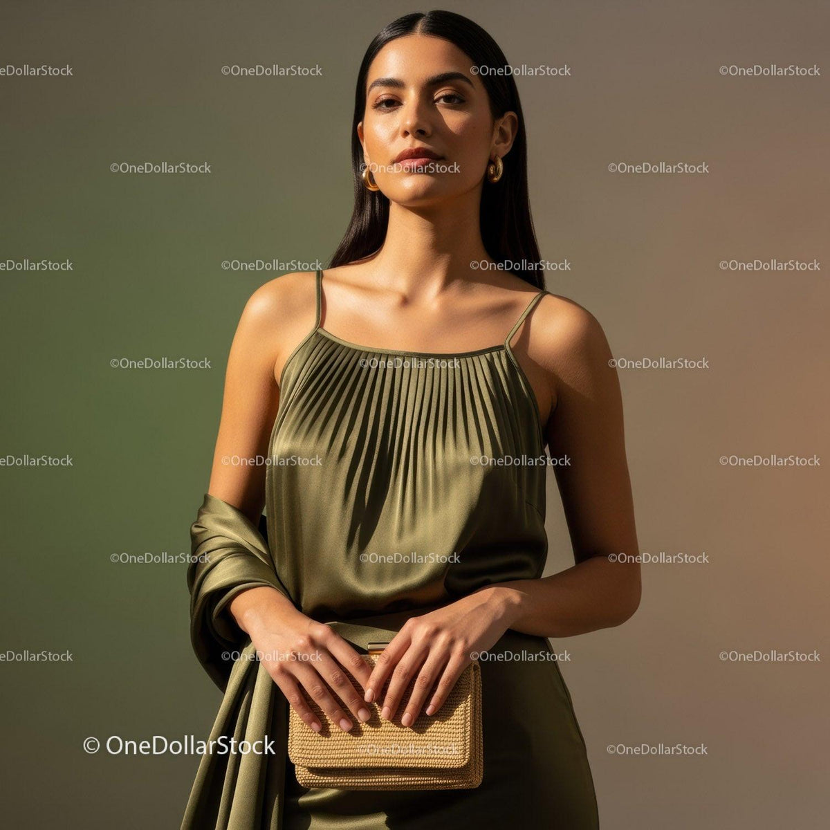 Elegant Woman in Satin Dress with Gold Accessories Holding Handbag
