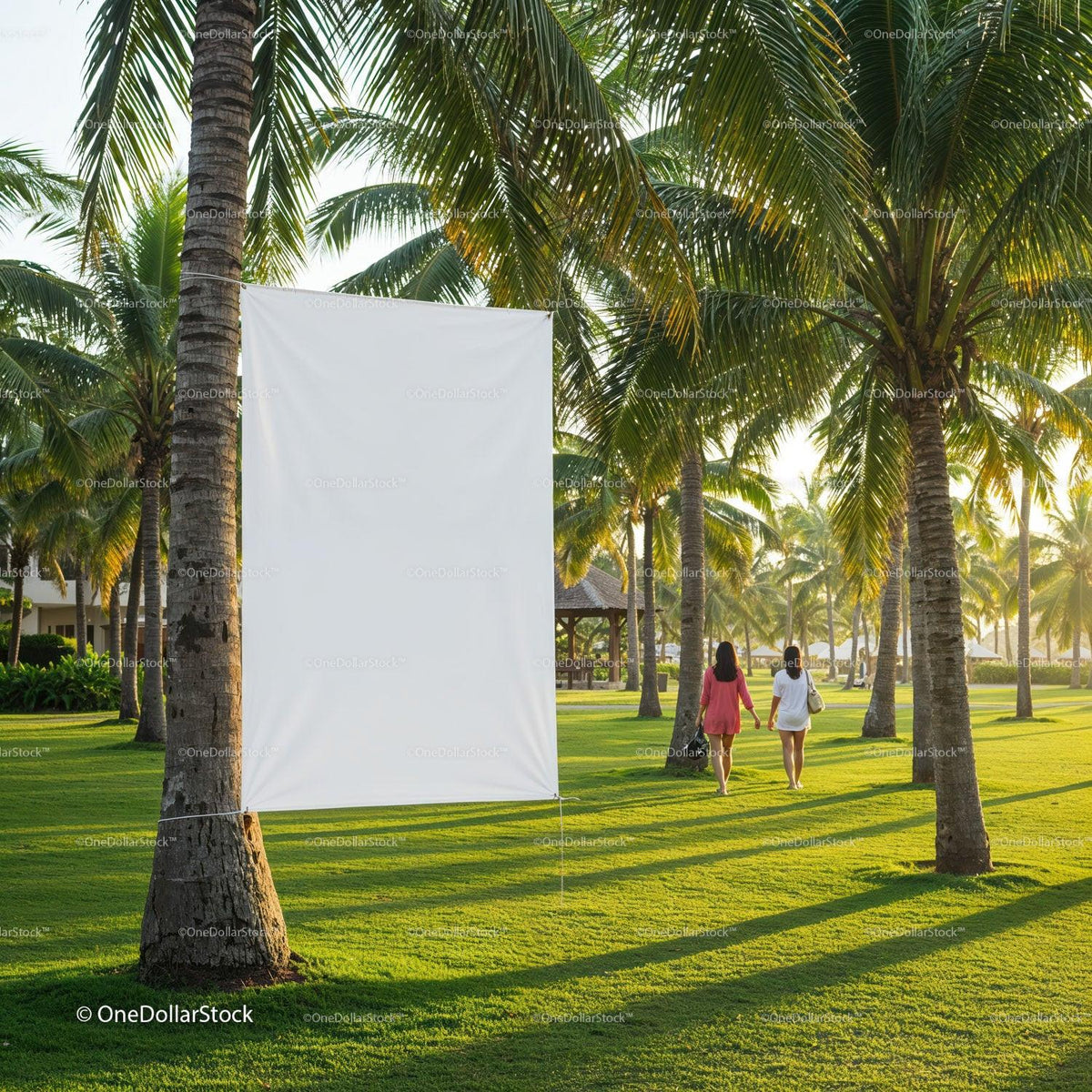 Two women walking beneath palm trees in tropical park JPG Mockup Image preview