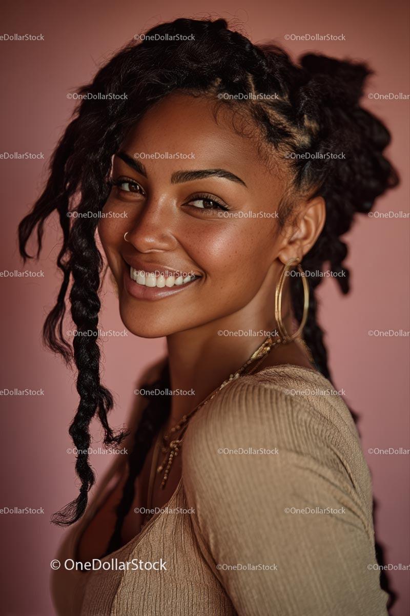 Joyful Smiling Woman with Braids and Golden Jewelry Portrait Stock Photo Bundle preview 5