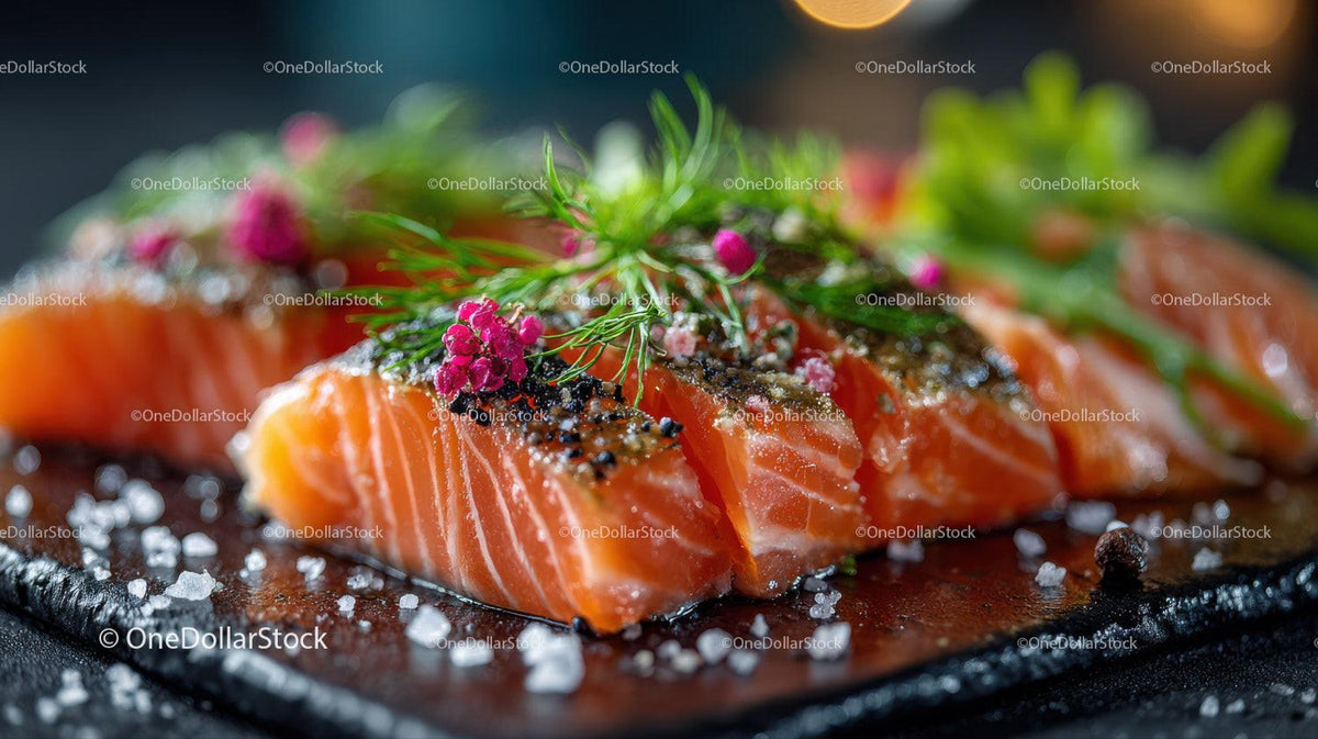 Fresh Sliced Smoked Salmon with Herbs and Sea Salt on Black Plate Stock Photo Bundle preview 28