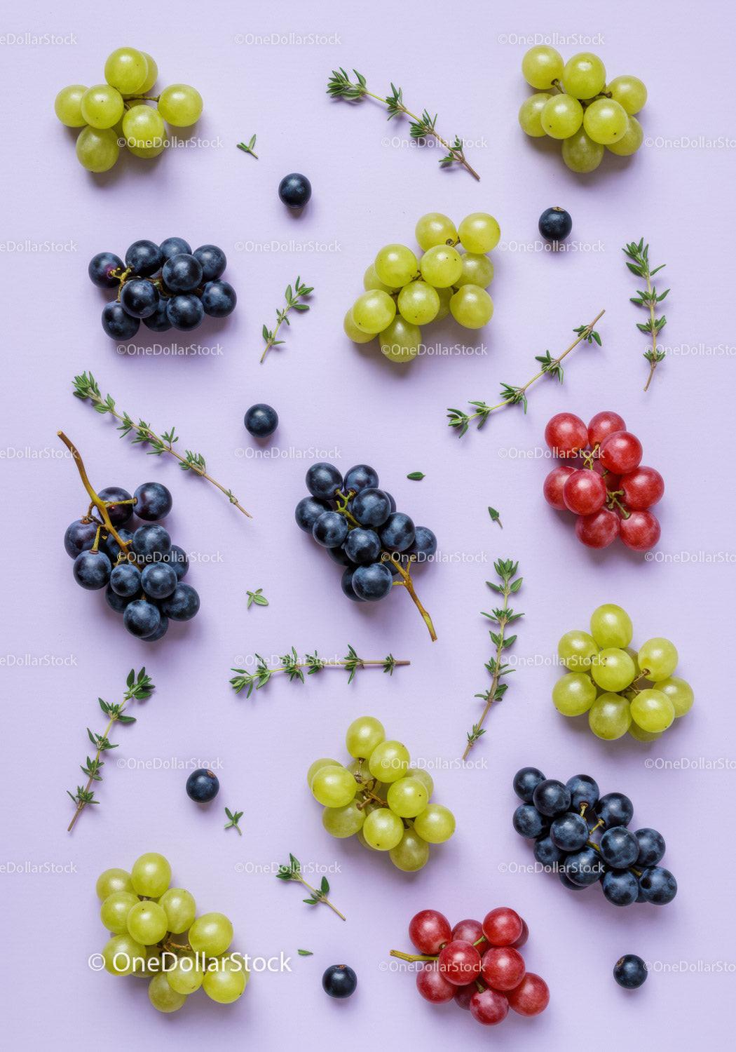 Assorted fresh grapes and thyme sprigs on pastel background