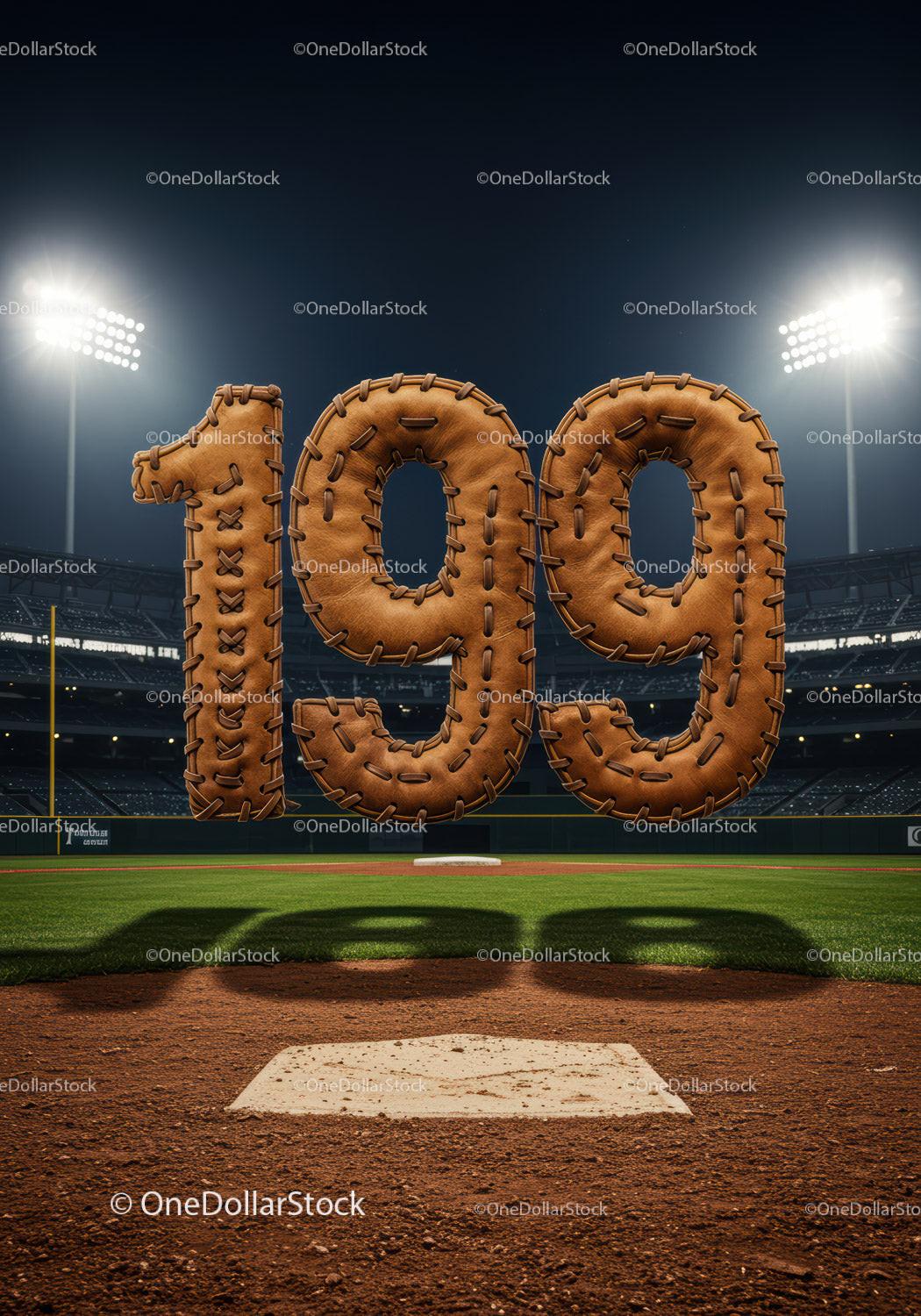 Baseball stitched leather numbers 199 on stadium field