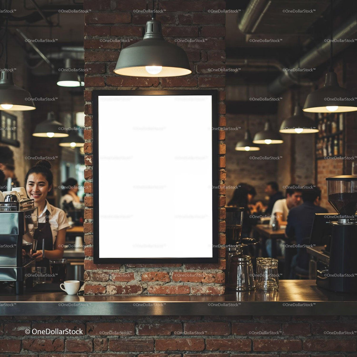 Cozy Coffee Shop Interior with Friendly Barista Smiling JPG Mockup Image preview