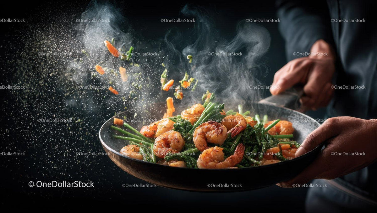 Fresh Shrimp and Green Bean Stir-Fry in a Black Wok