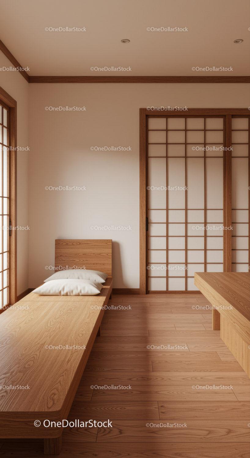 Minimalist Japanese Interior with Wooden Bed and Sliding Doors
