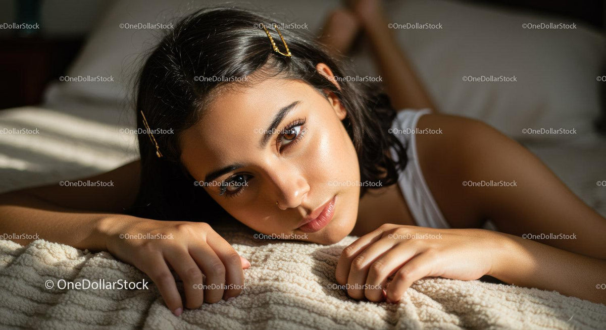 Beautiful Young Woman Lying on Bed in Cozy Bedroom Scene