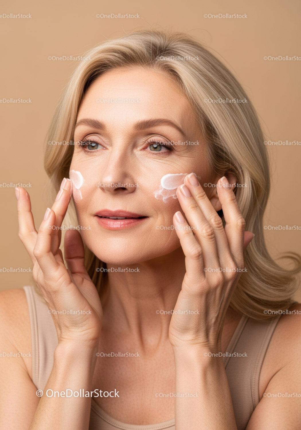 Skincare Routine Mature Woman Applying Cream for Healthy Glowing Skin