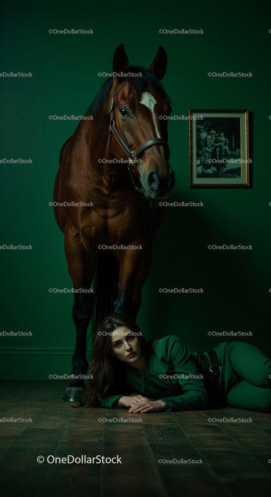 Woman Lying on Floor Beside a Horse in Dramatic Green Room Stock Photo Bundle preview 9