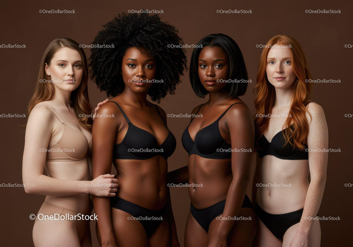 Diverse women posing together in elegant lingerie