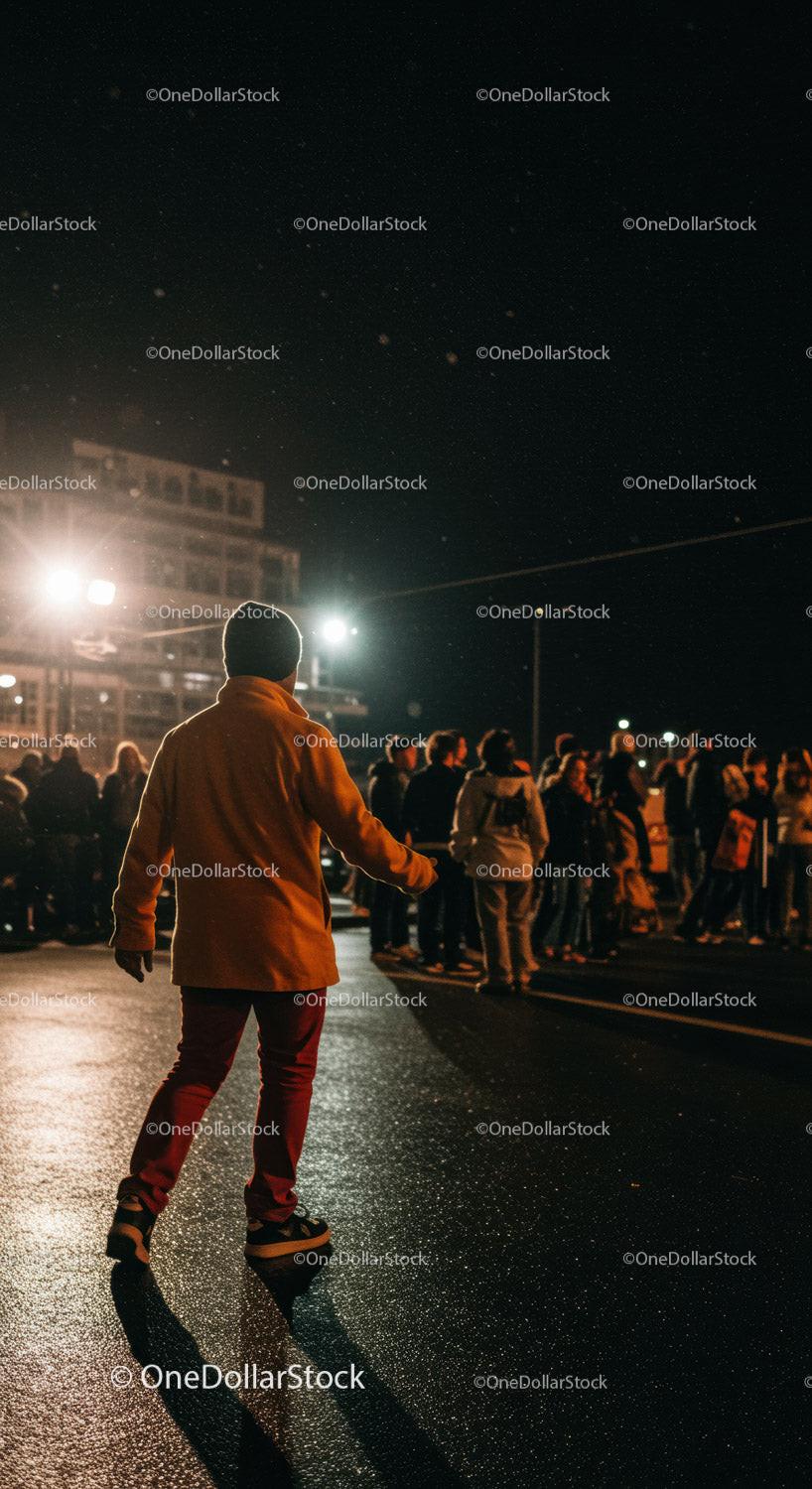 Man in orange jacket walking near nighttime crowd outdoors