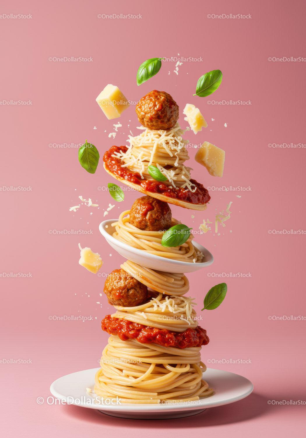 Floating Spaghetti with Meatballs and Fresh Basil