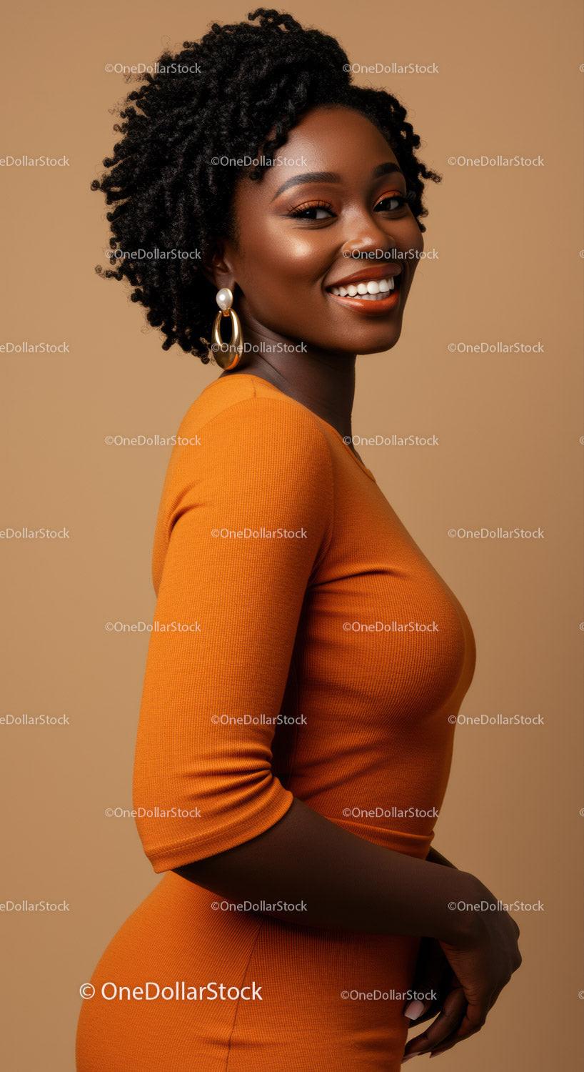 Vibrant Smiling Woman in Orange Dress with Jewelry Studio Portrait
