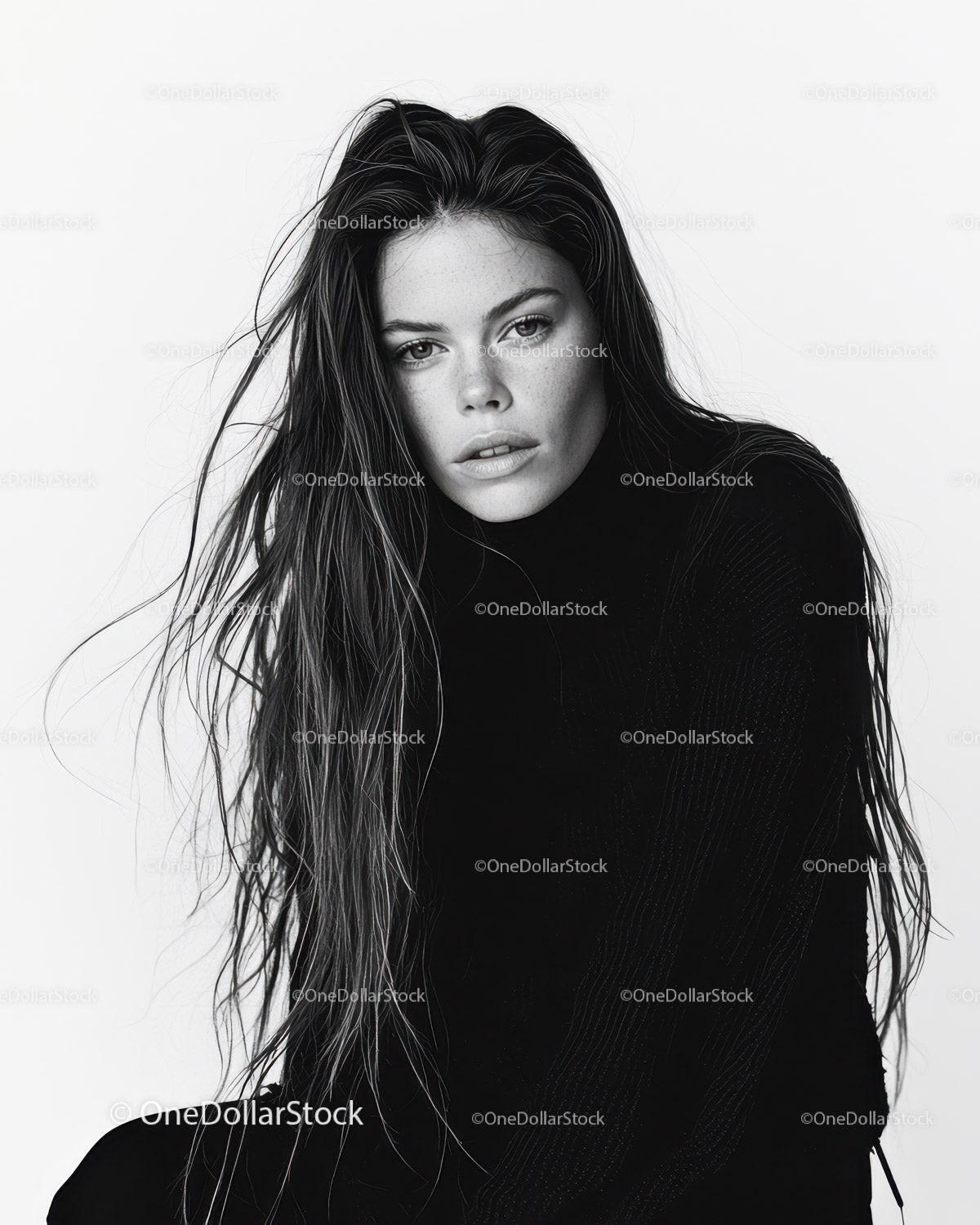 Black and White Portrait of a Stylish Woman with Long Wet Hair