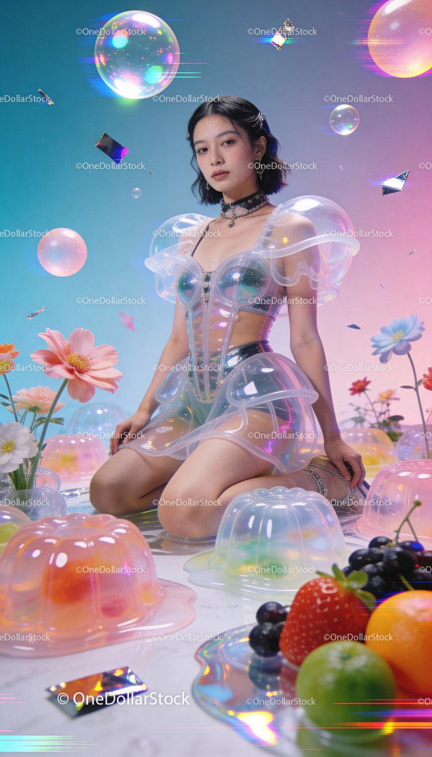 Young woman in futuristic transparent dress with colorful jelly