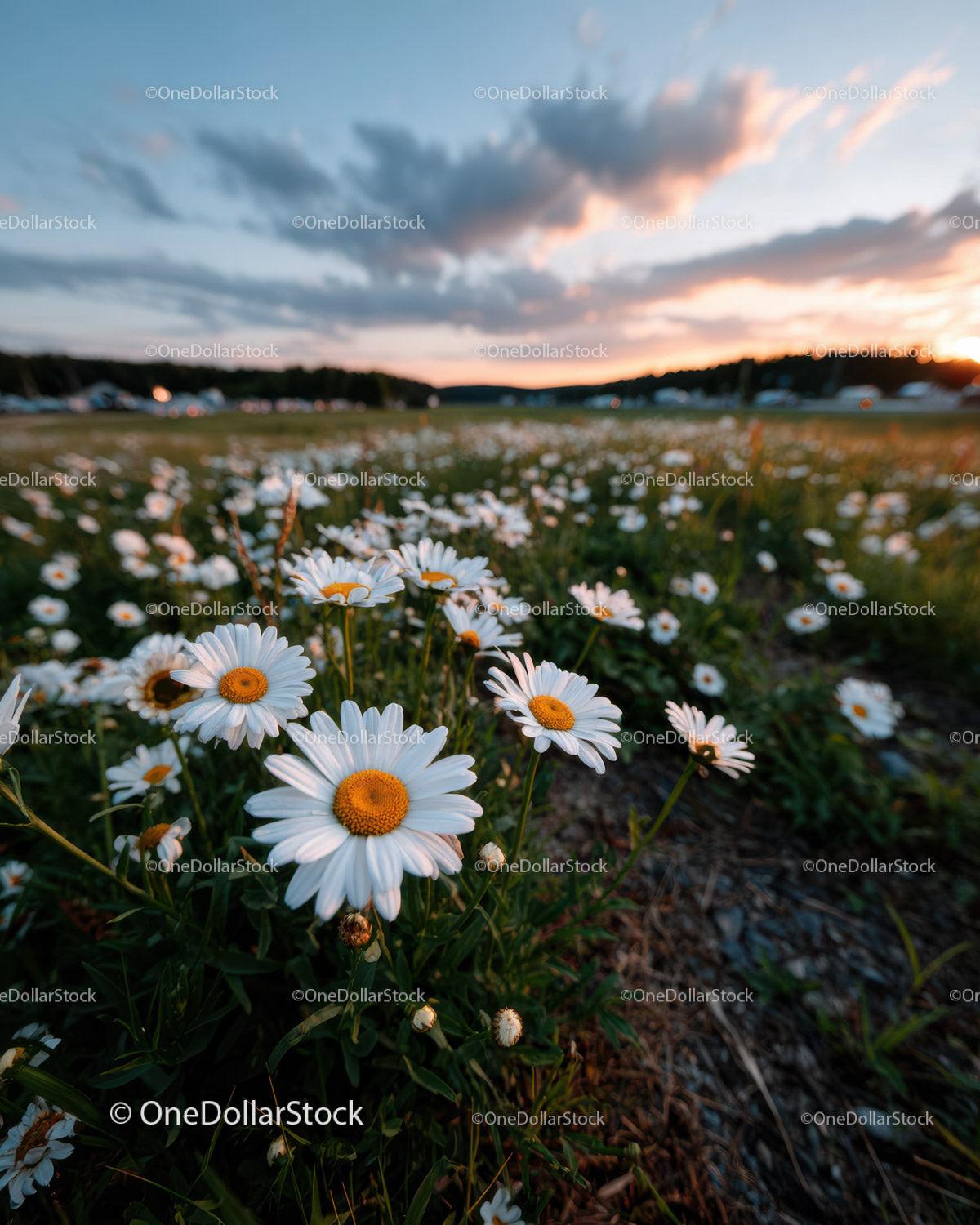 Wild Daisies Blooming in Meadow at Sunset Sky Stock Photo Bundle preview