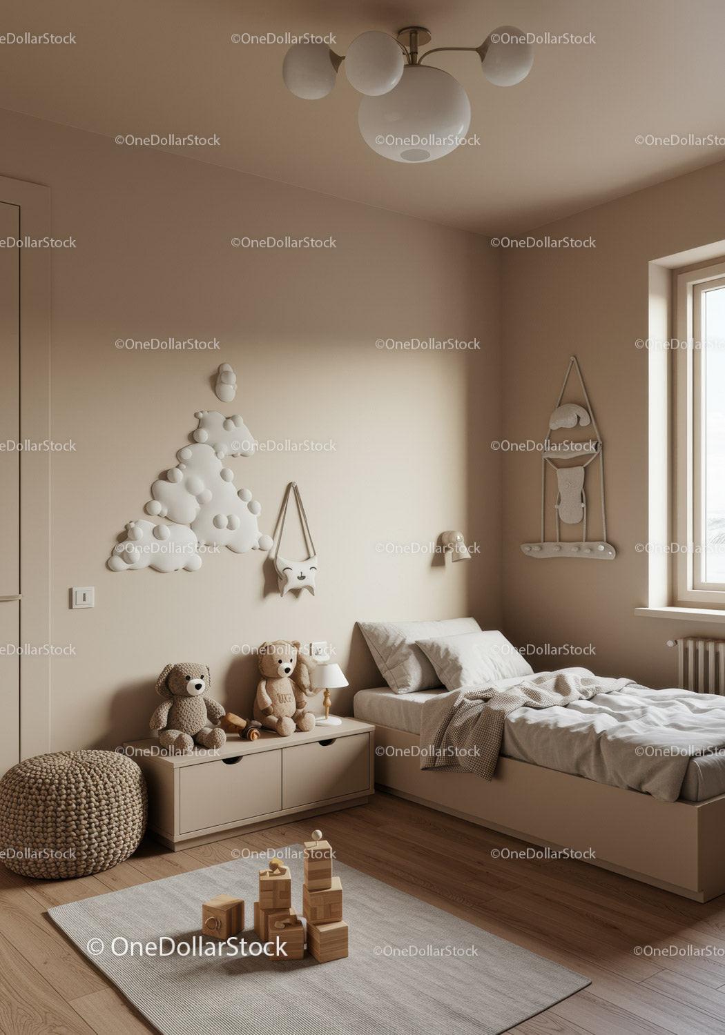 Cozy Children's Bedroom with Plush Toys and Cloud Wall Art
