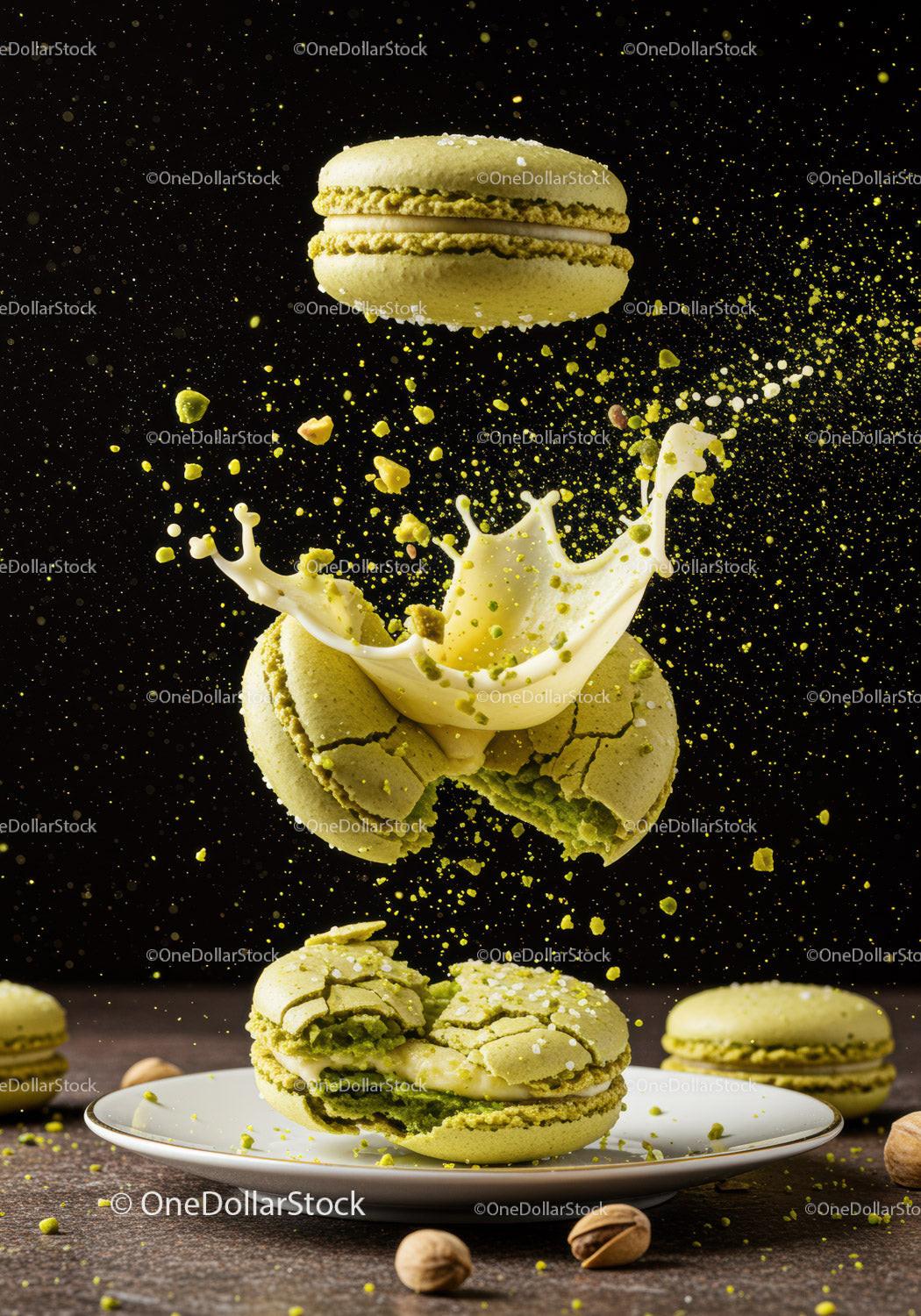 Green Pistachio Macarons with Cream Splash on Plate