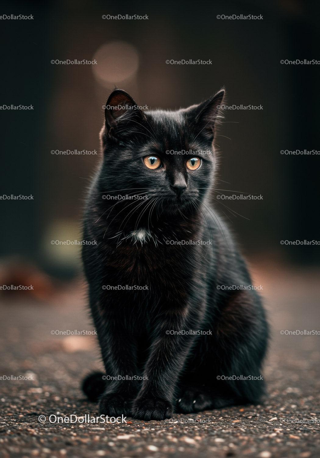 Black Cat with Amber Eyes Sitting on Pavement