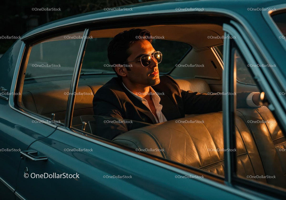 Stylish Man in Sunglasses Sitting in Classic Vintage Car at Sunset Stock Photo Bundle preview 9