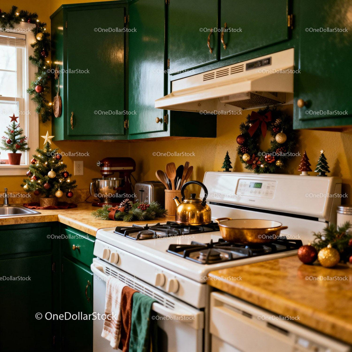 Cozy kitchen decorated for warm Christmas celebration