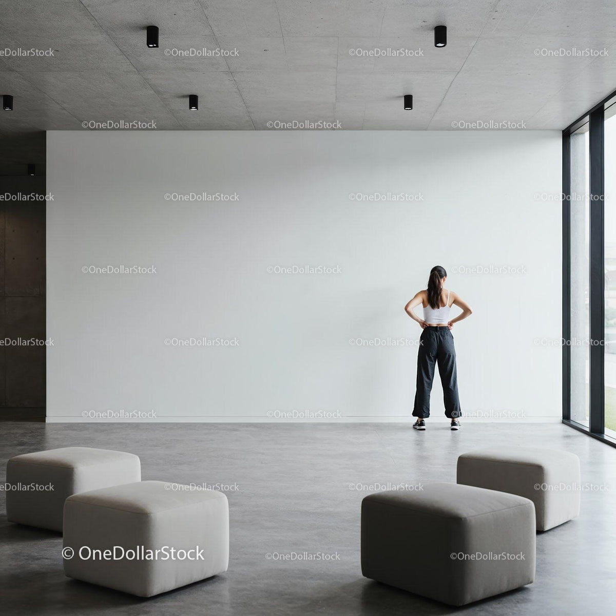 Woman standing contemplatively in spacious modern lobby JPG Mockup Image preview