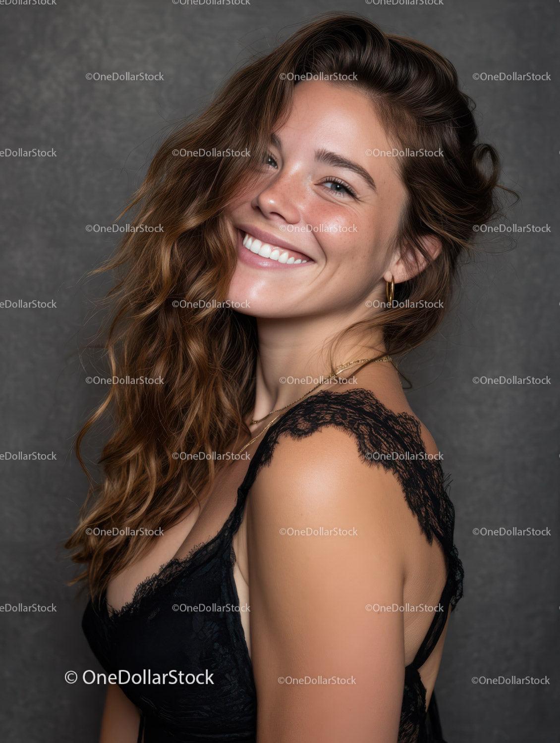 Bright Portrait of Smiling Young Woman with Curly Hair and Black Lace Top