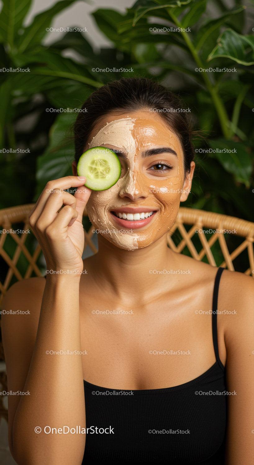 Young Woman Relaxing with Facial Mask and Cucumber in Natural Setting