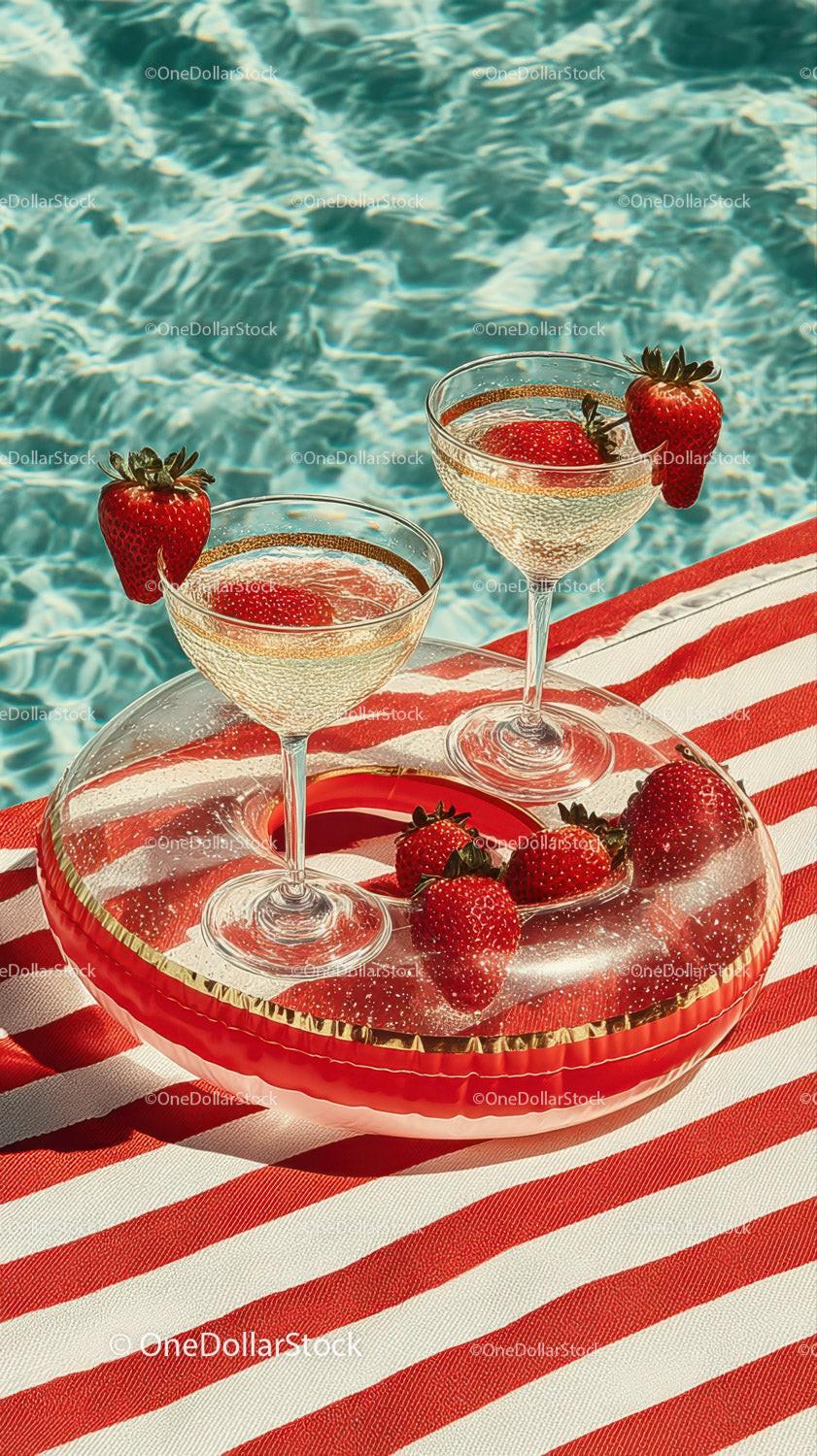 Strawberry Cocktails on Poolside with Red and Green Accents