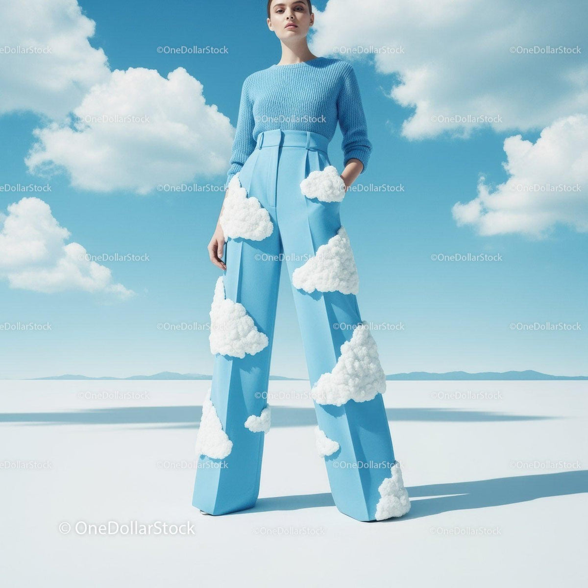 Fashion Model in Sky Blue Outfit with Cloud Pattern Pants in Outdoor Scene