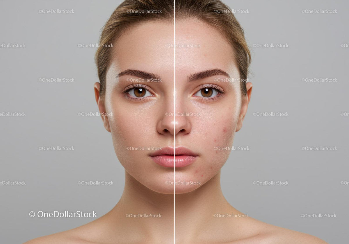 Close-Up of Woman's Face Showing Clear Skin and blemish Before and After