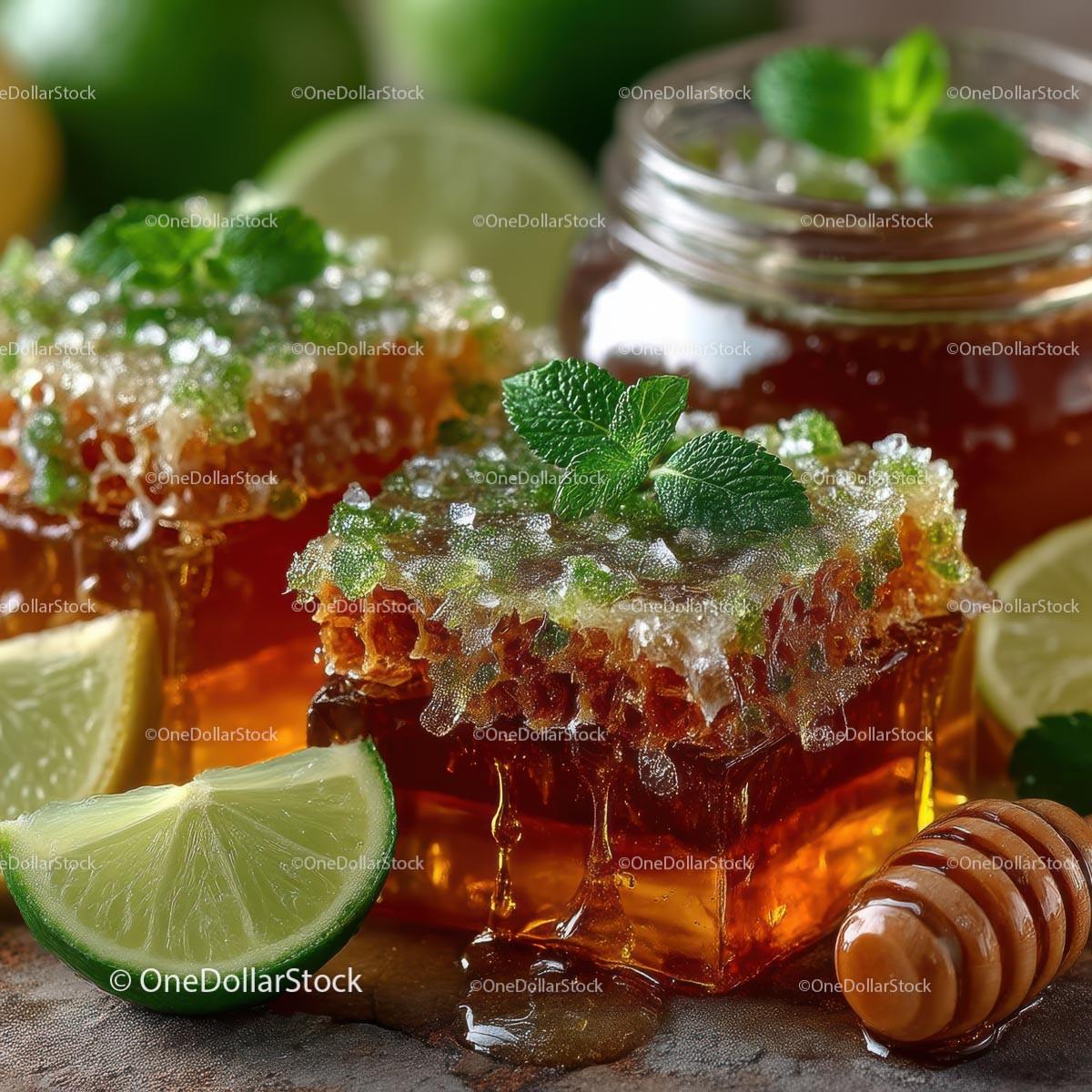 Delicious Honeycomb with Fresh Lime and Mint Leaves Stock Photo Bundle preview 11
