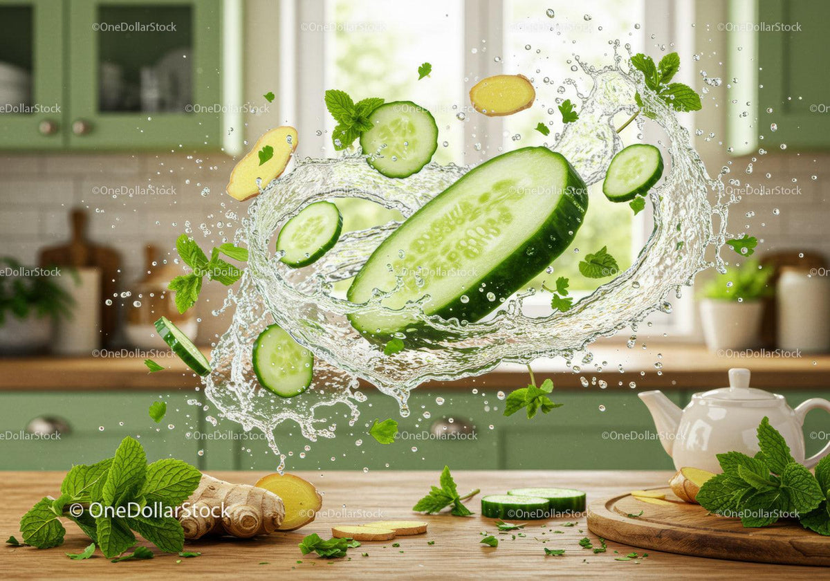 Fresh cucumber and ginger splash in kitchen setting