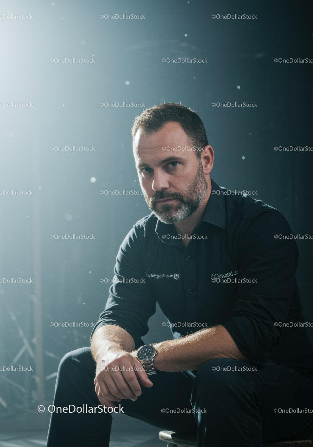 Thoughtful man in dark shirt sitting in moody light