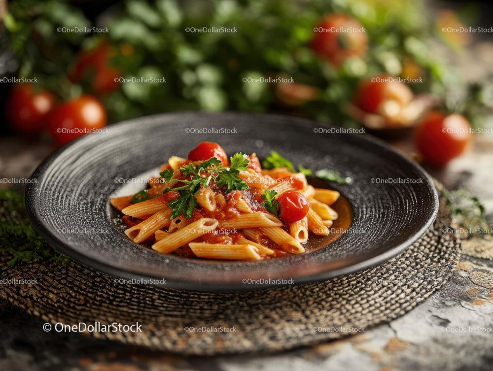 Pasta with Cherry Tomatoes and Parsley on Rustic Black Plate