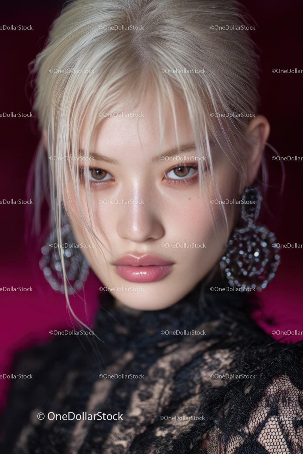 Elegant Young Woman with Platinum Blonde Hair and Lace Top