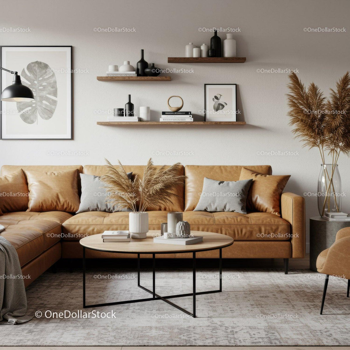 Cozy modern living room with tan leather sectional sofa