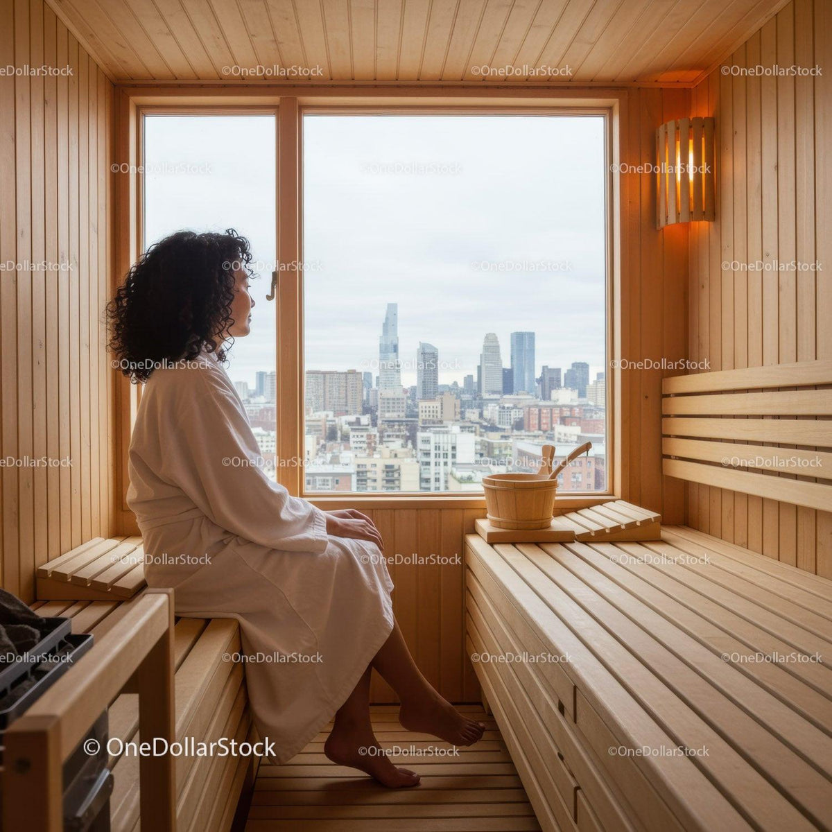 Relaxing Woman Inside Cozy Sauna With City Skyline View