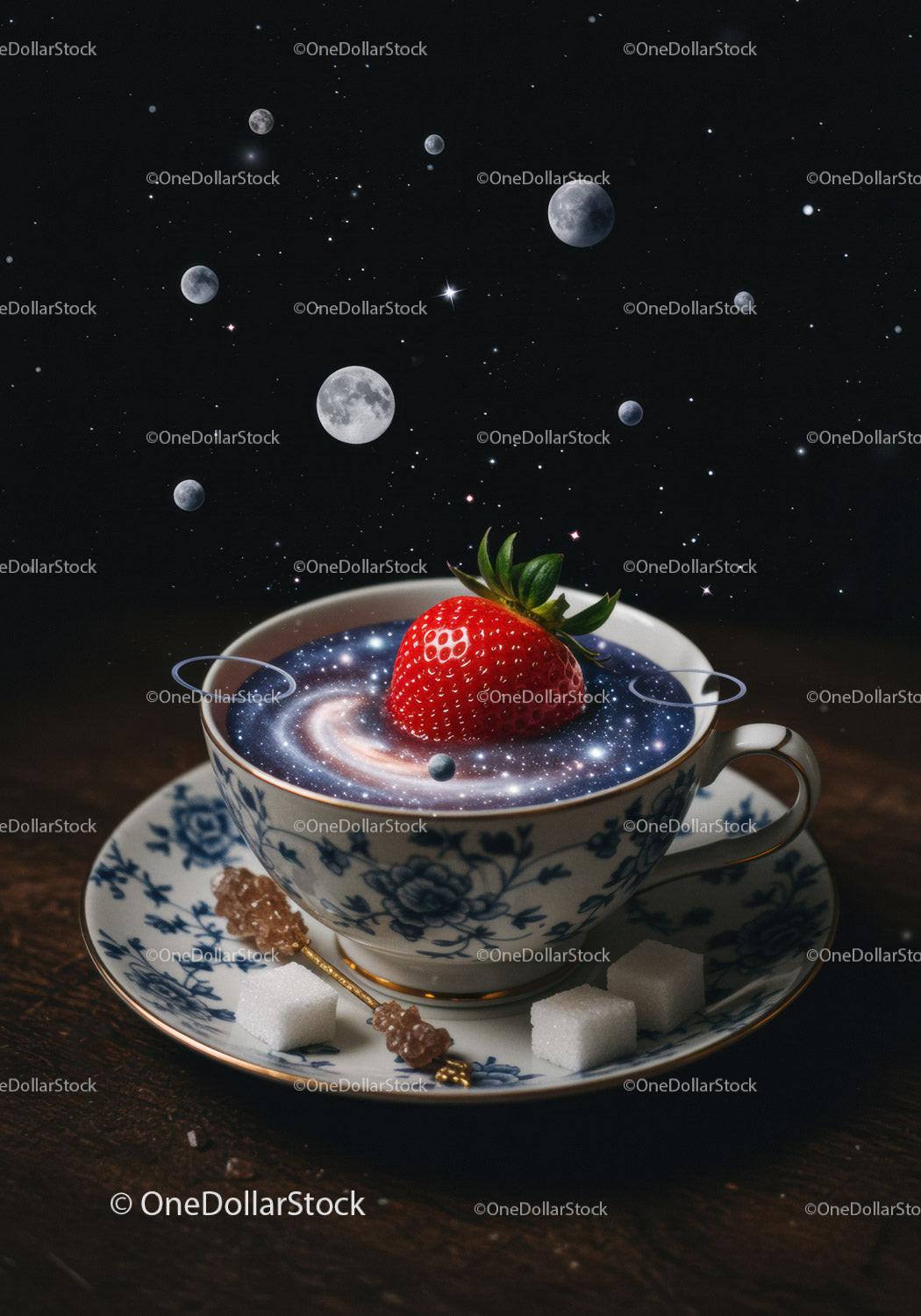 Strawberry Floating Over Cosmic Tea in Elegant Cup