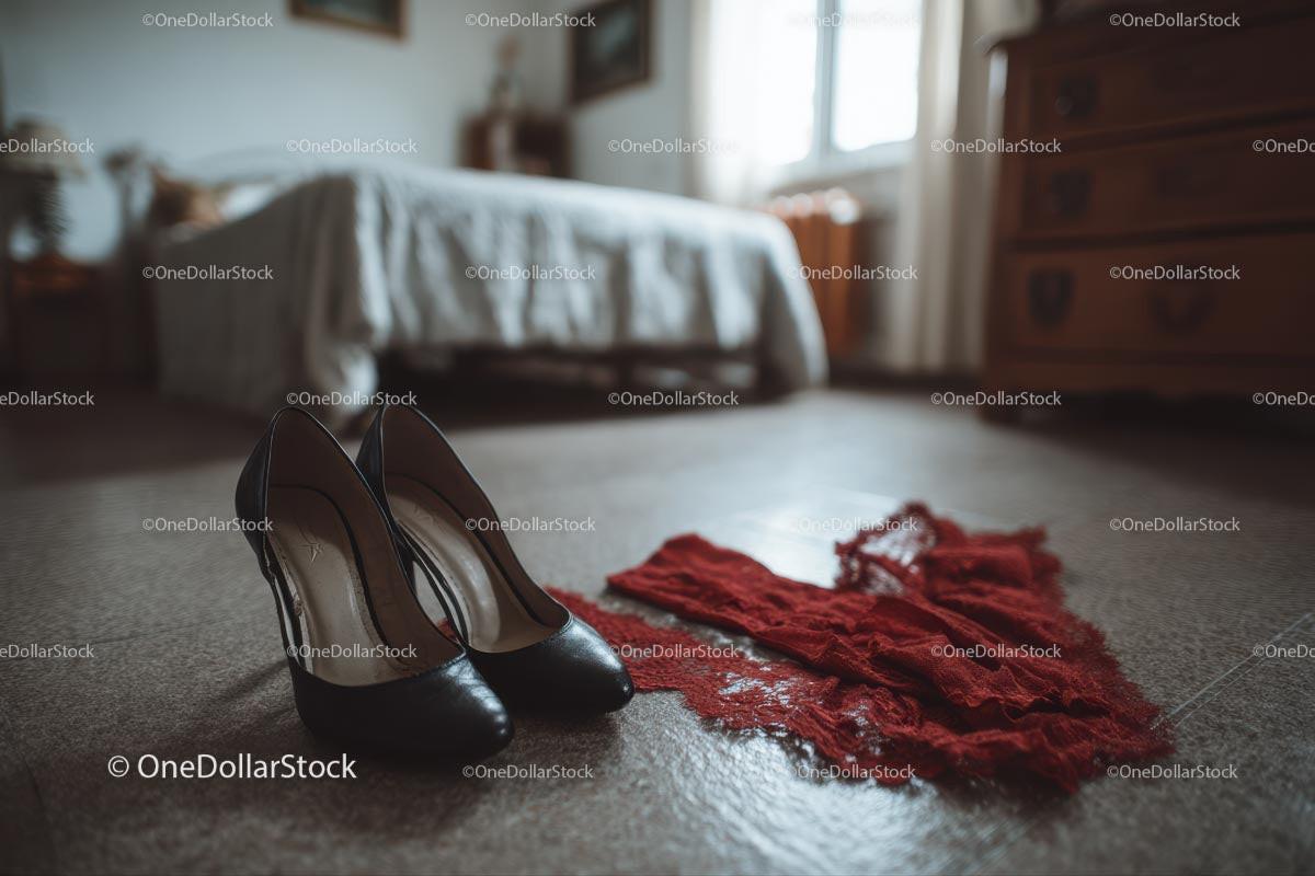 Chic Black Heels and a Red Lace Dress in a Cozy Bedroom Setting Stock Photo Bundle preview 36