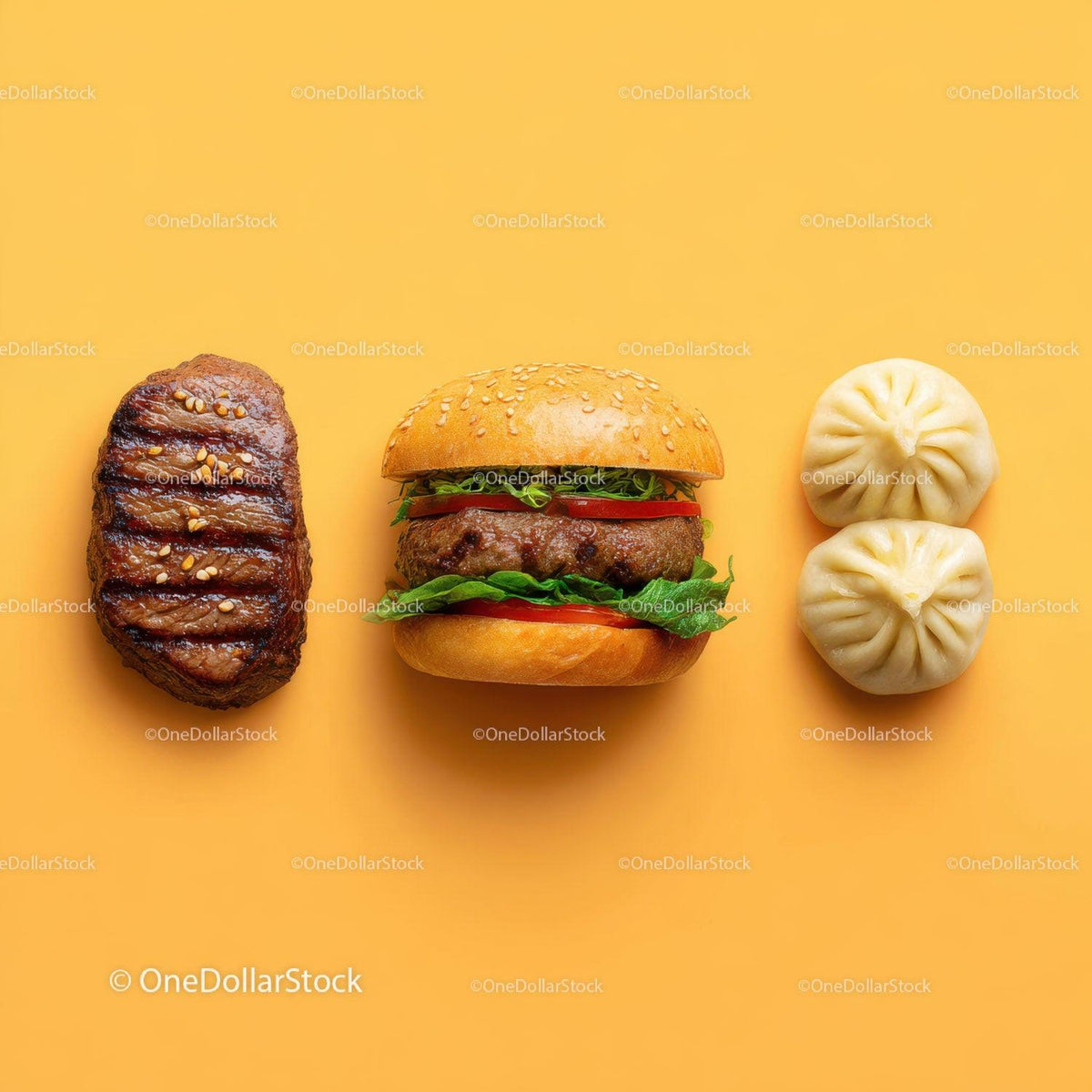 Gourmet Burger with Lettuce and Tomato Next to Grilled Steak and Dumpling Stock Photo Bundle preview 32