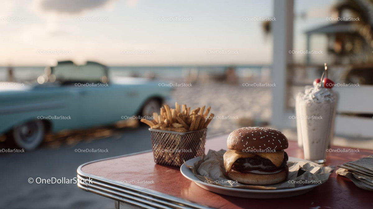 Beachside Cheeseburger French Fries and Milkshake with Classic Car Stock Photo Bundle preview 31